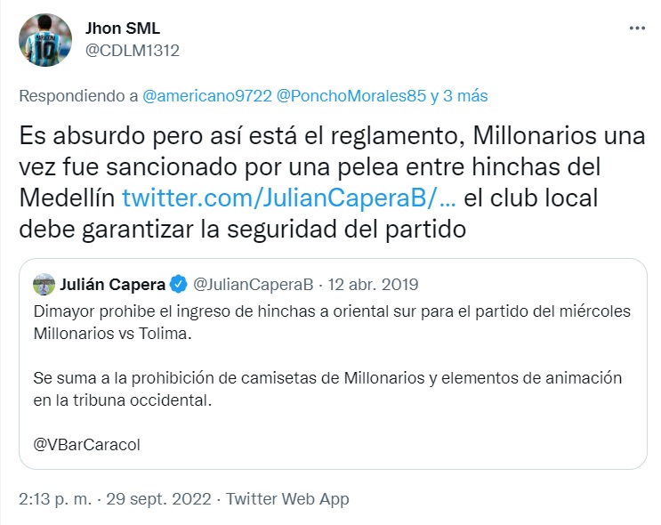 Trino de un usuario de Twitter recordando la sanción a la plaza que recibió Millonarios en 2019 por incidentes de los hinchas de Medellín en El Campín