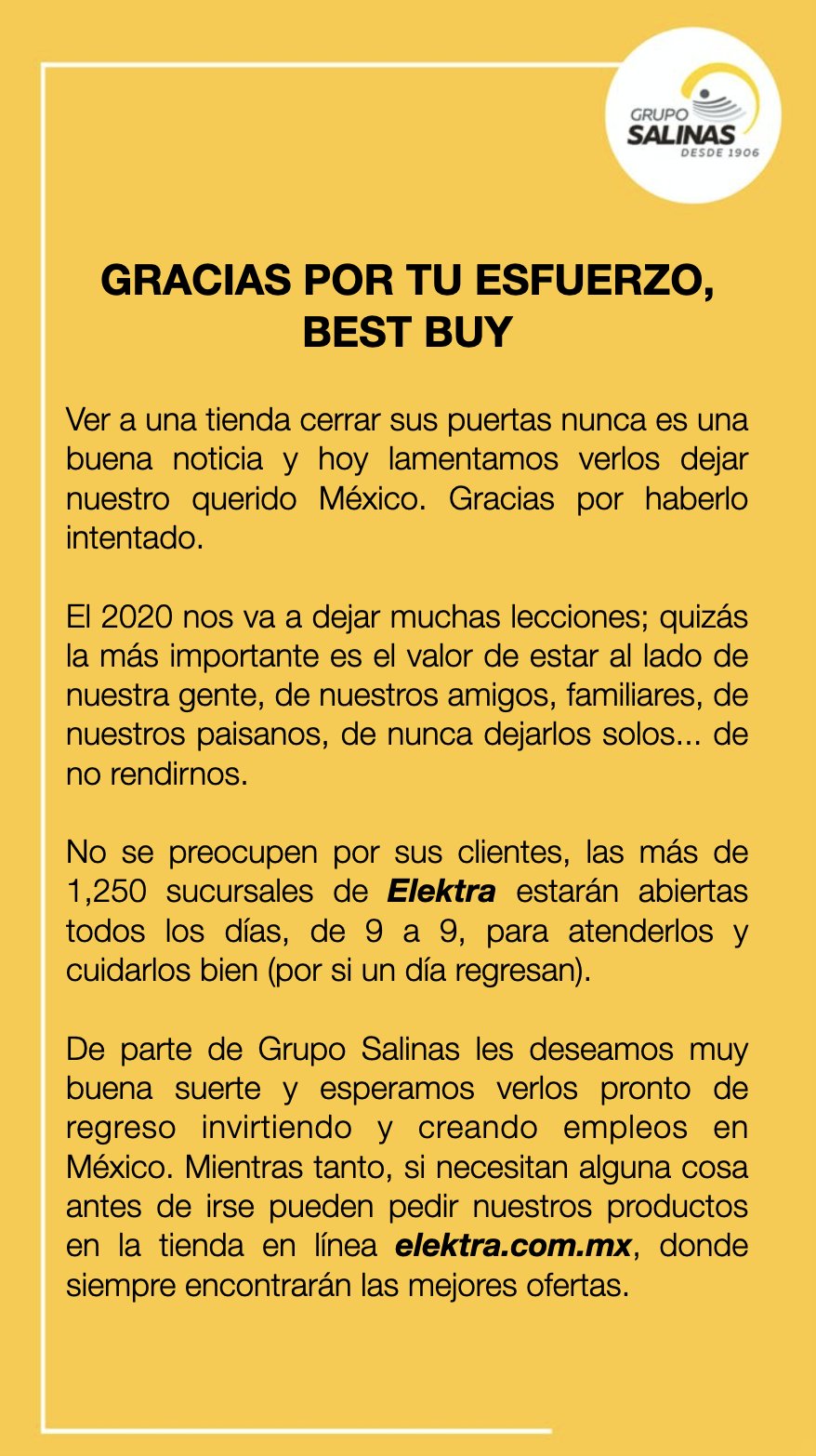 Grupo Salinas emitió un comunicado para agradecer a Best Buy por su "esfuerzo" (Foto: Twitter@gruposalinas)