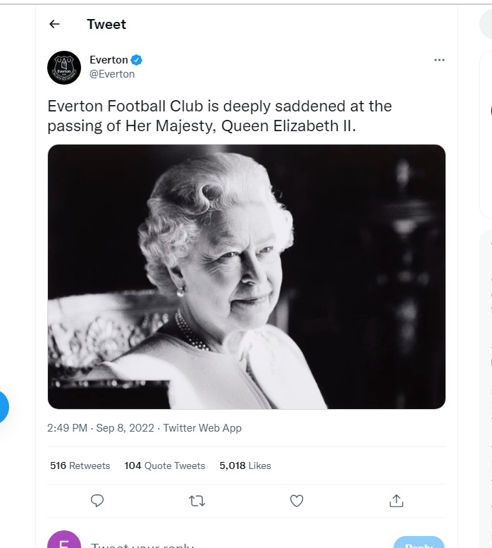 "El Everton Football Club está profundamente entristecido por el fallecimiento de Su Majestad, la Reina Isabel II"