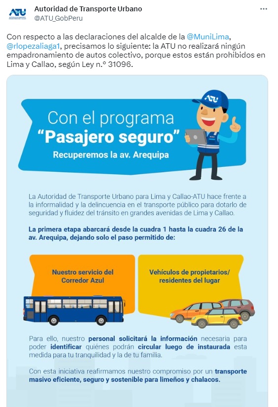 Publicación realizada por la Autoridad de Transporte Urbano (ATU) a raíz de las declaraciones del alcalde López Aliaga.