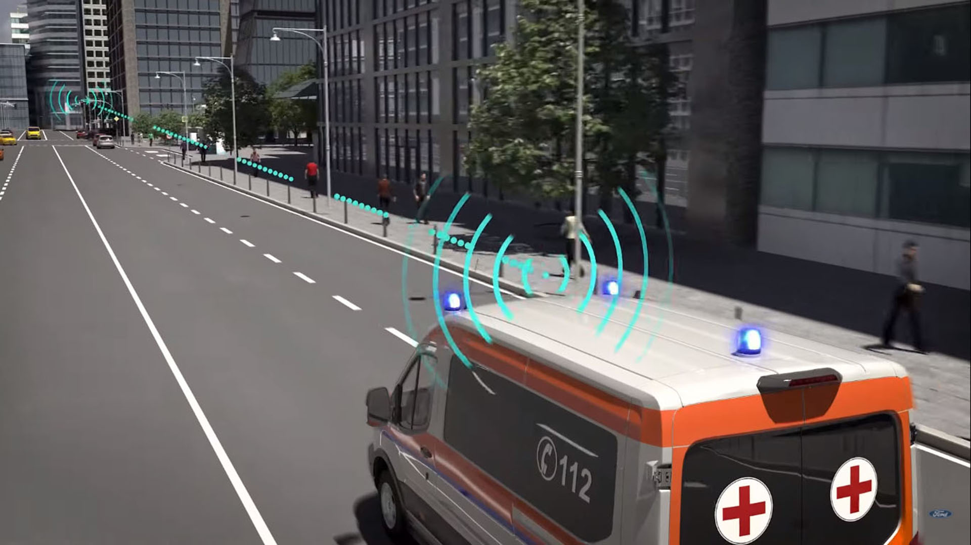 La ambulancia es detectada por el semáforo, y coordinadamente con autos y otros semáforos cercanos, actúa cambiando la luz roja por verde