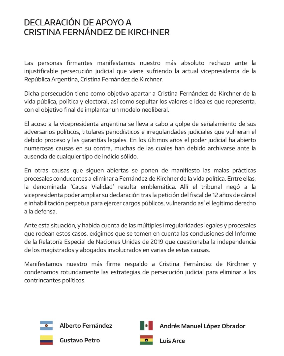 La carta completa que publicó Alberto Fernández, firmada por otros tres presidentes de la región, para denunciar la "persecución judicial" a Cristina Kirchner