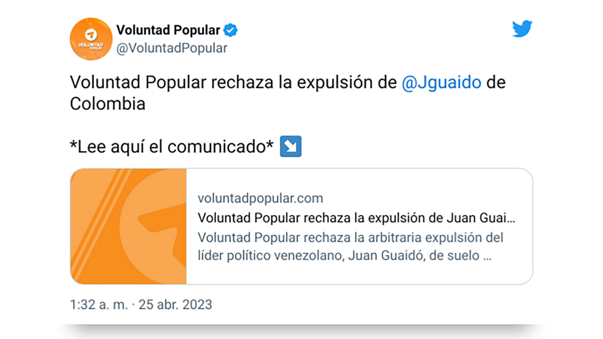 Voluntad Popular rechazó la expulsión de Guaidó de Colombia