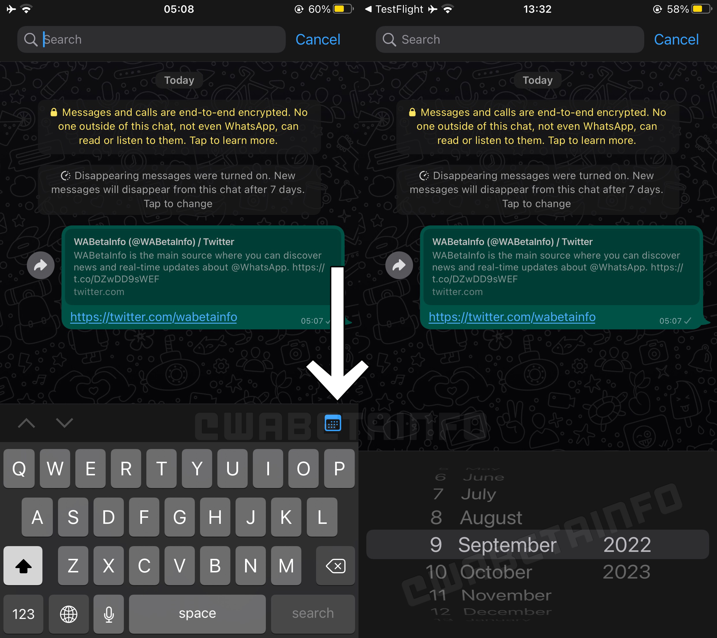 WhatsApp permitirá a los usuarios de la plataforma en iOS buscar mensajes por fechas en las conversaciones. (WABetaInfo)