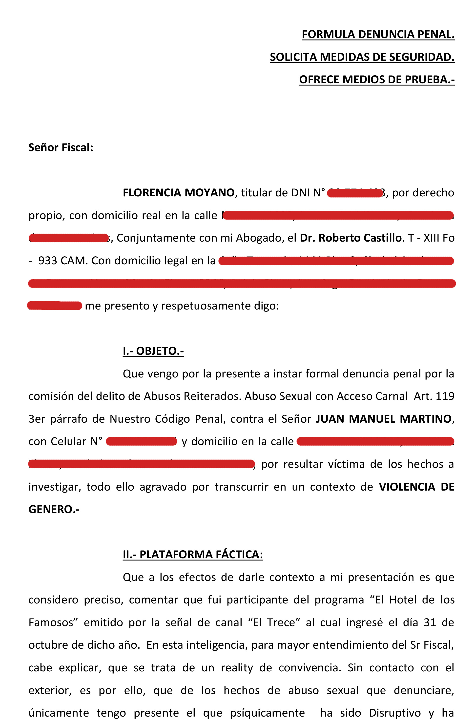 La denuncia judicial de Flor Moyano contra Juani Martino, hoja 1