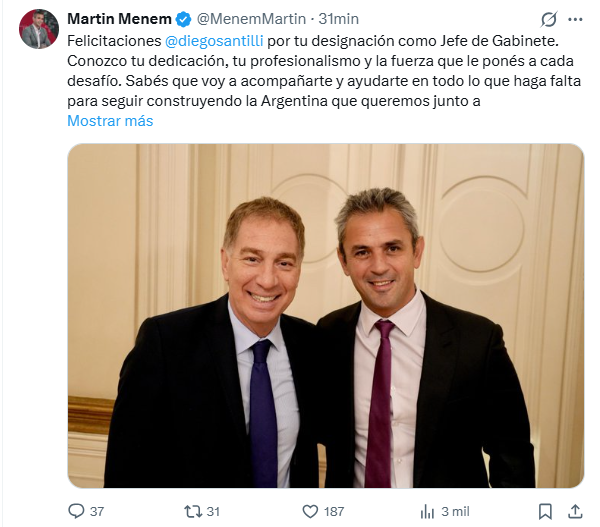 Dura cr&iacute;tica de Mart&iacute;n Menem a Axel Kicillof: 