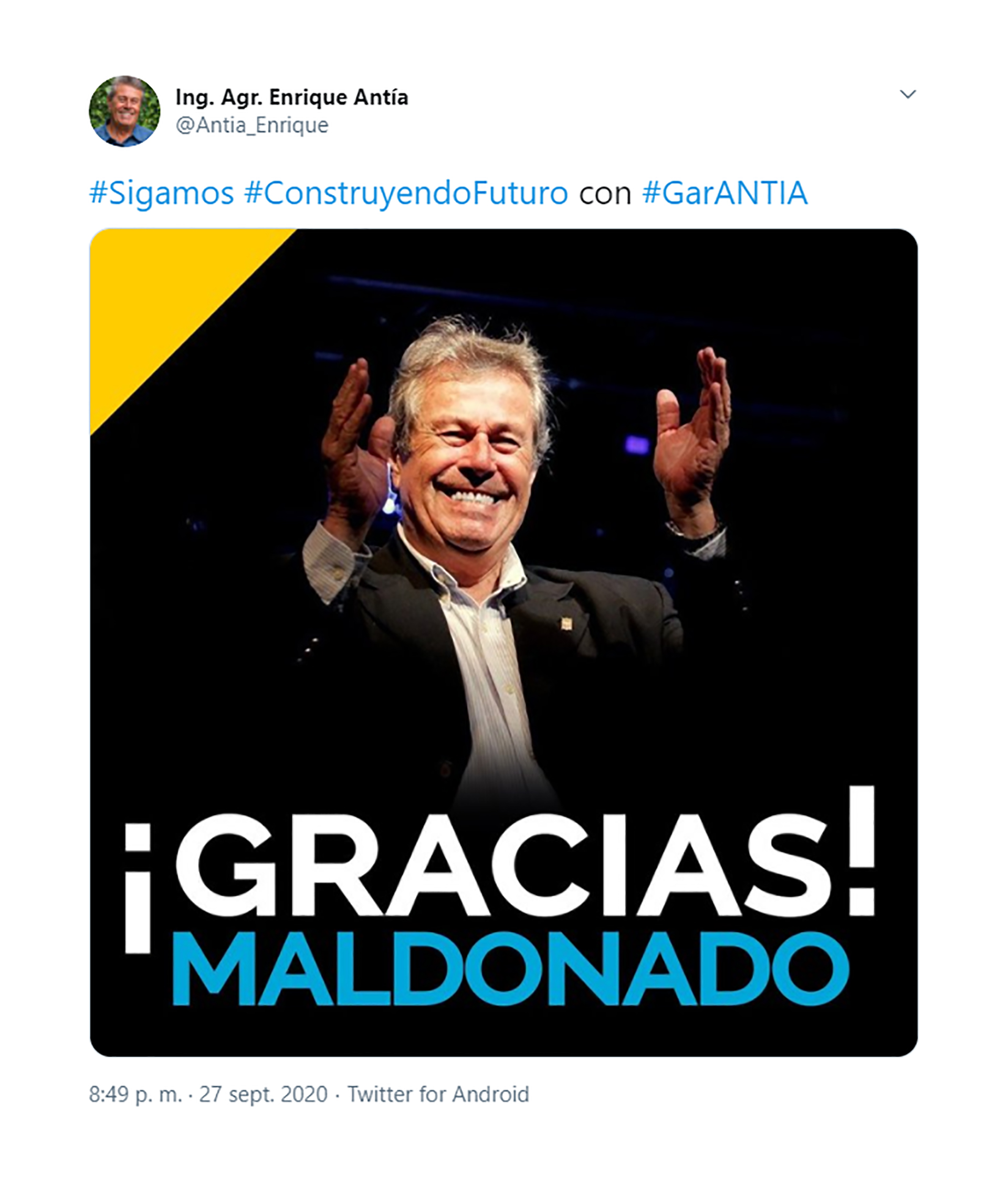 Antía agradeció el respaldo de MAldonado en su cuenta de Twitter