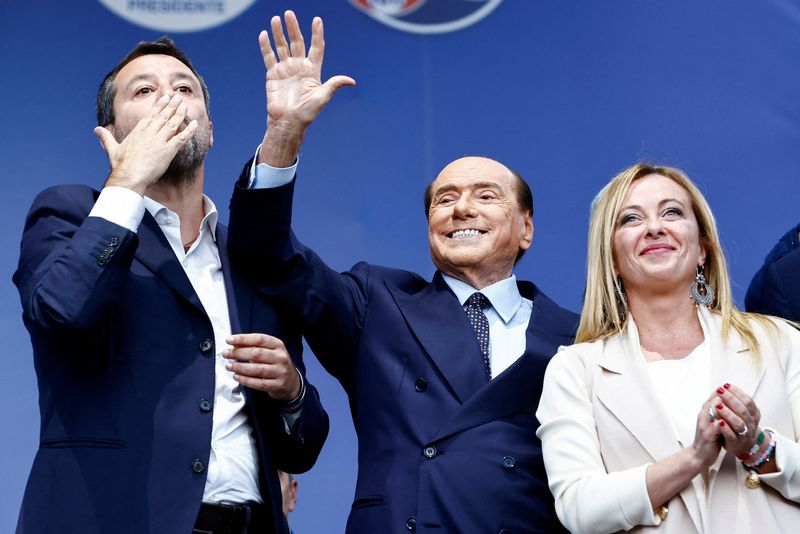 Lega (League) leader Matteo Salvini, Forza Italia leader Silvio Berlusconi and Brothers of Italy leader Giorgia Meloni during the center-right alliance's election campaign closing rally in Piazza del Popolo, ahead of Sunday's elections REUTERS/Yara Nardi