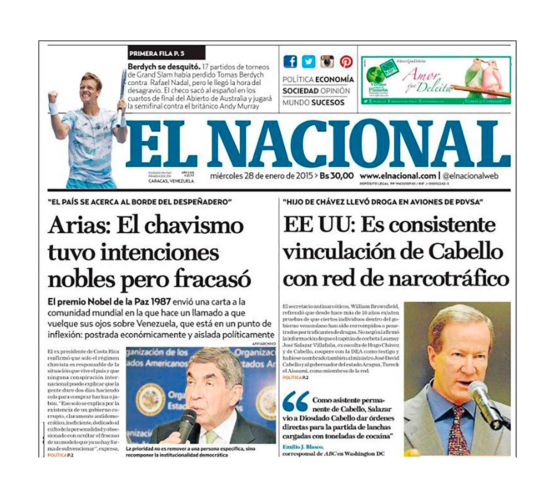 La portada de El Nacional del 28 de enero de 2015, mostrando la nota que irritó a Cabello