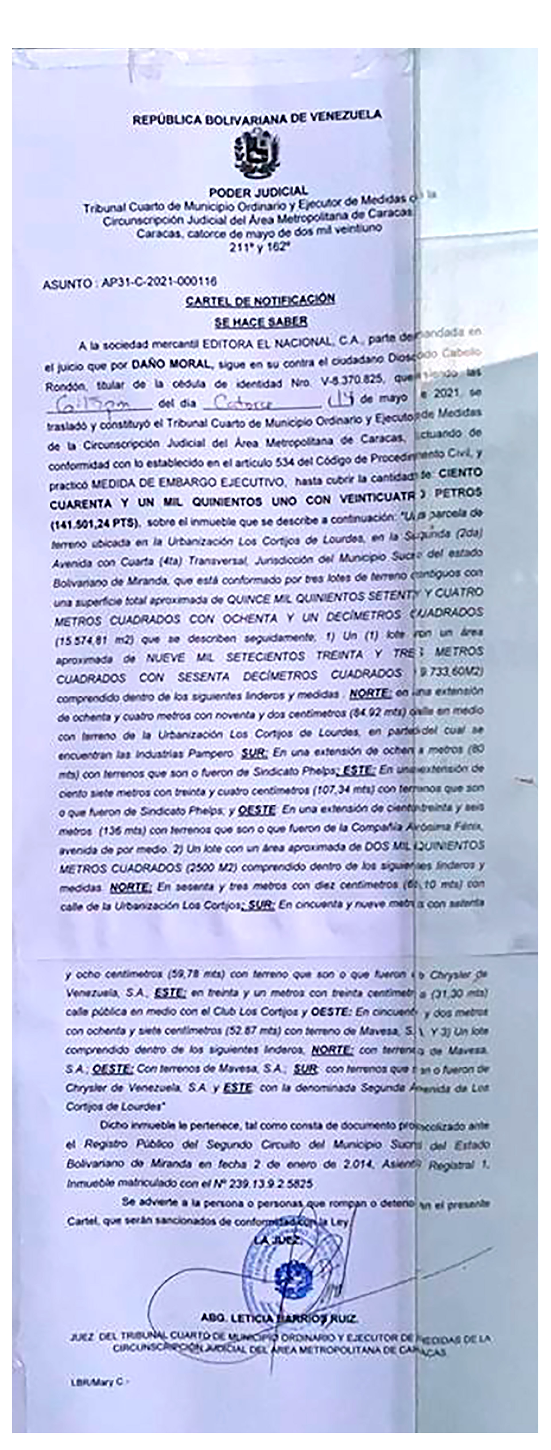 El cartel de notificación del embargo a El Nacional