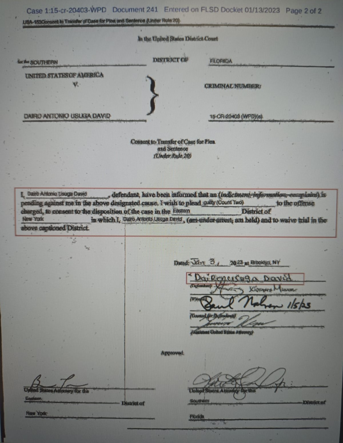 El documento está firmado por el líder del Clan del Golfo y su abogado y fue aprobado por dos fiscales estadounidenses.