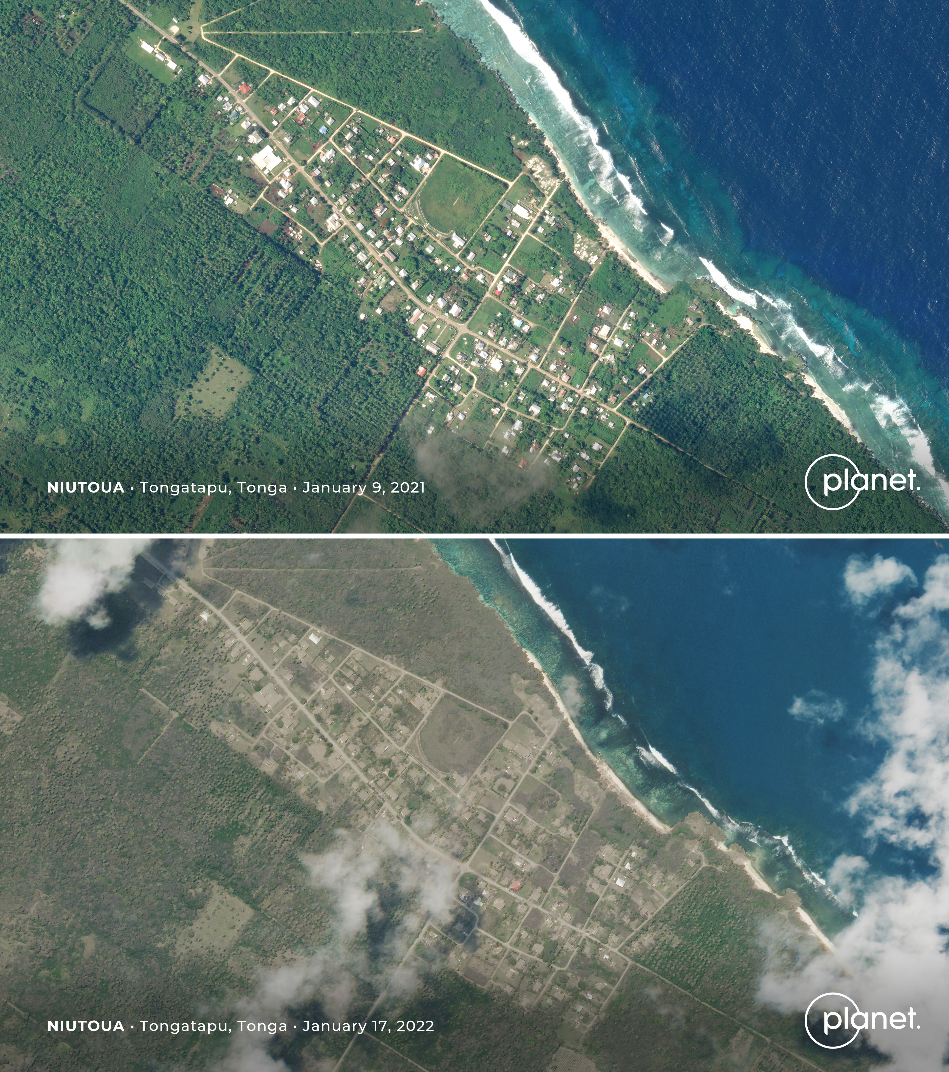 La aldea de Niutoua en la isla de Tongatapu, cubierta de cenizas tras la erupción (AFP/2022 Planet Labs PBC)