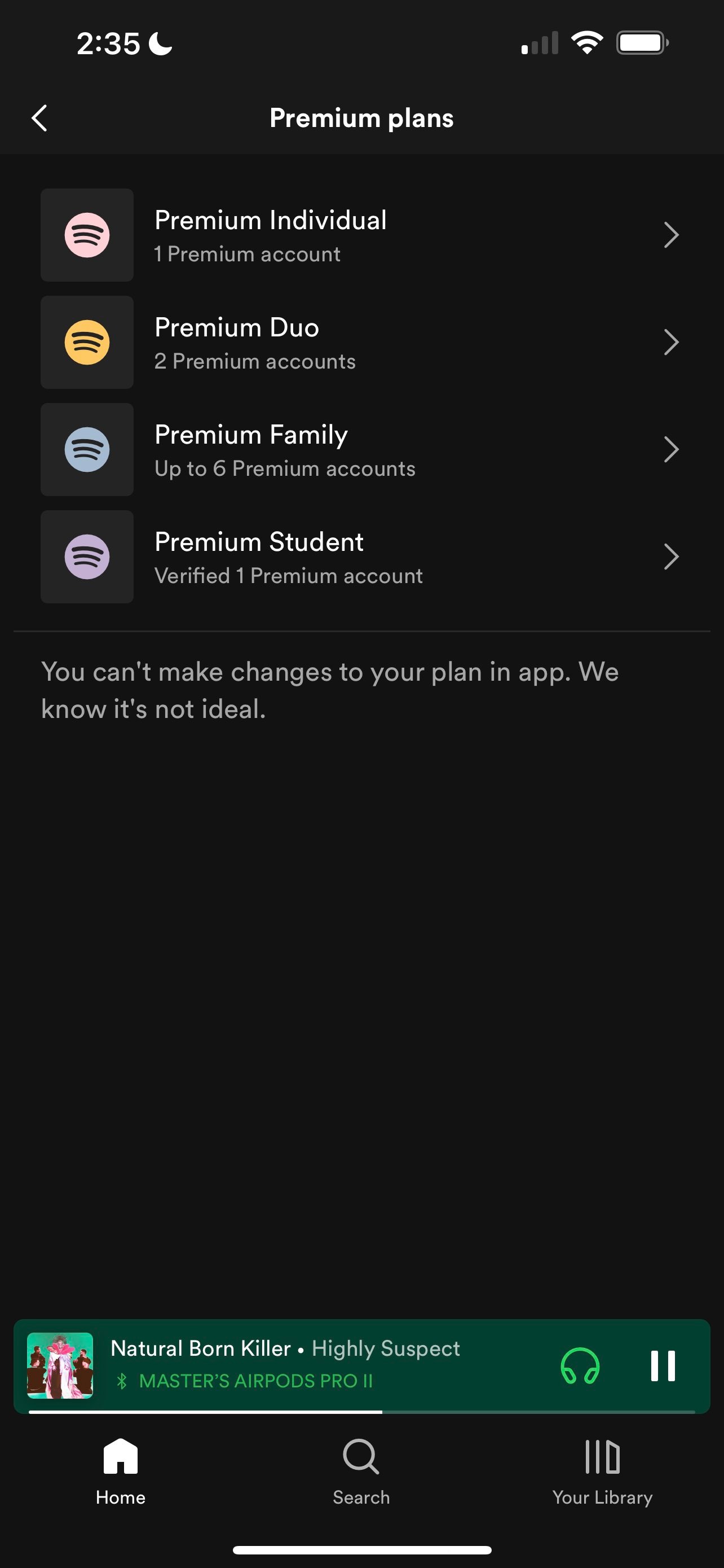 Spotify no permite hacer cambios o cancelaciones de planes de pago en dispositivos de Apple. (@chrismessina/Twitter)
