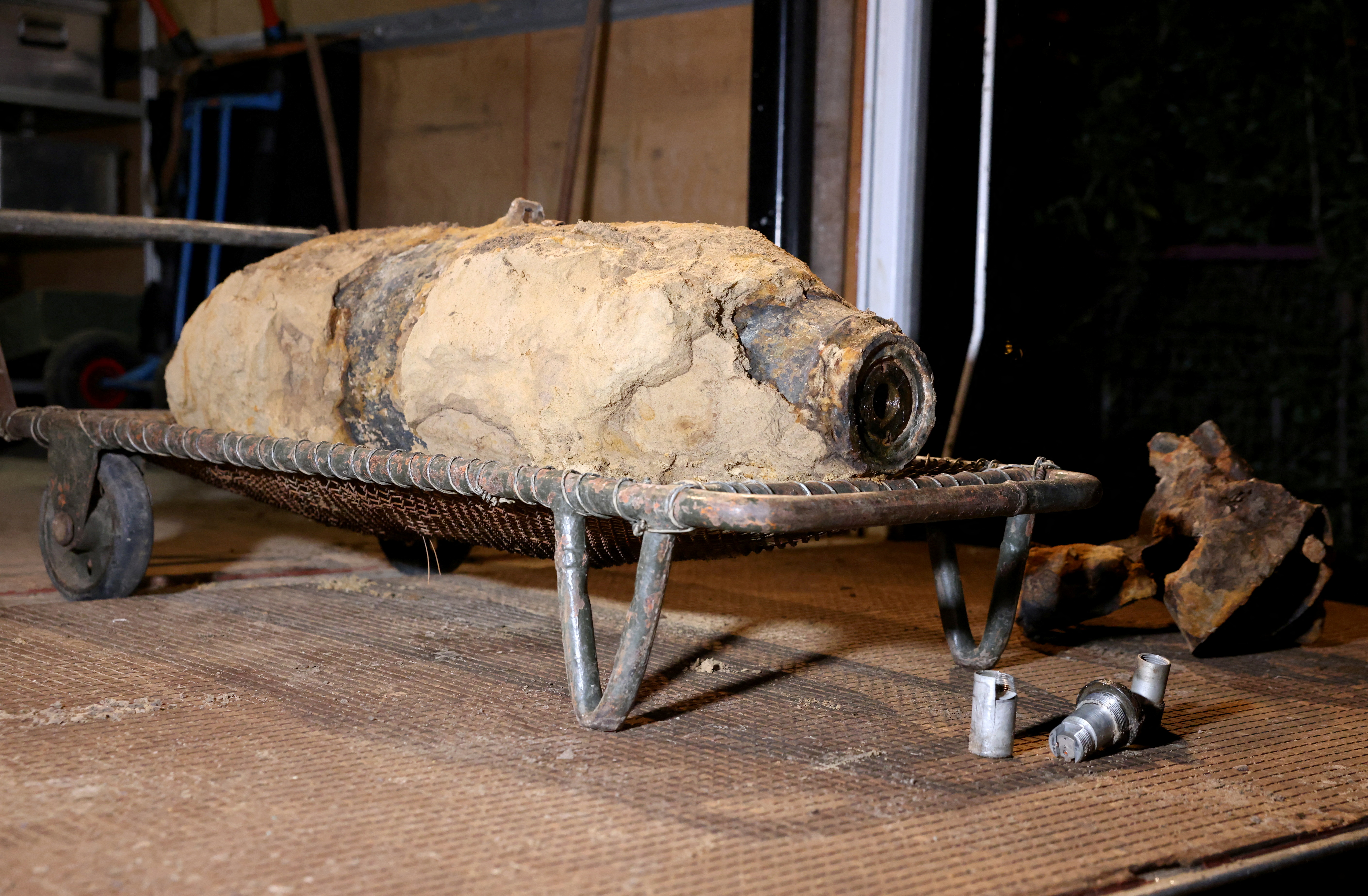 A World War II bomb remains in a truck after being defused