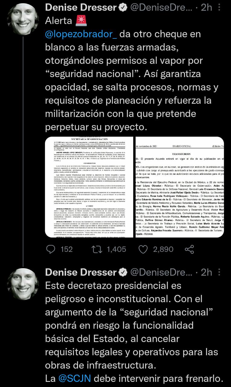 La politóloga criticó el nuevo decreto presidencial publicado en el Diario Oficial de la Federación (Foto: Twitter/ @DeniseDresserG)