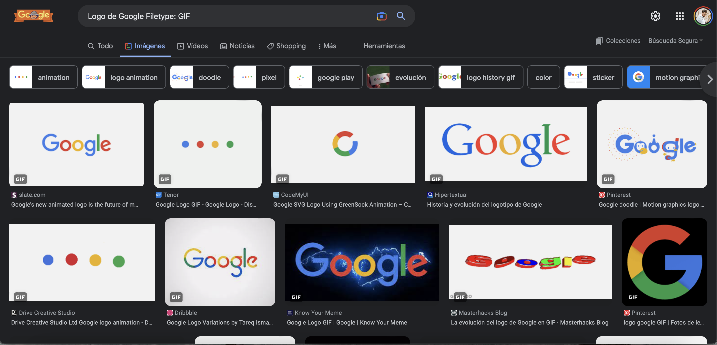 Otro formato para buscar es en GIF.(Pantallazo)