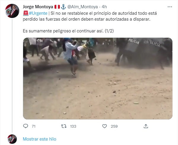 Tuit del congresista de Renovación Popular Jorge Montoya.