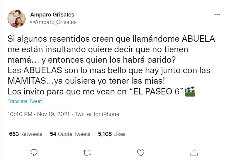 Amparo Grisales responde a las críticas por su edad.Foto: Twitter @Amparo_Grisales