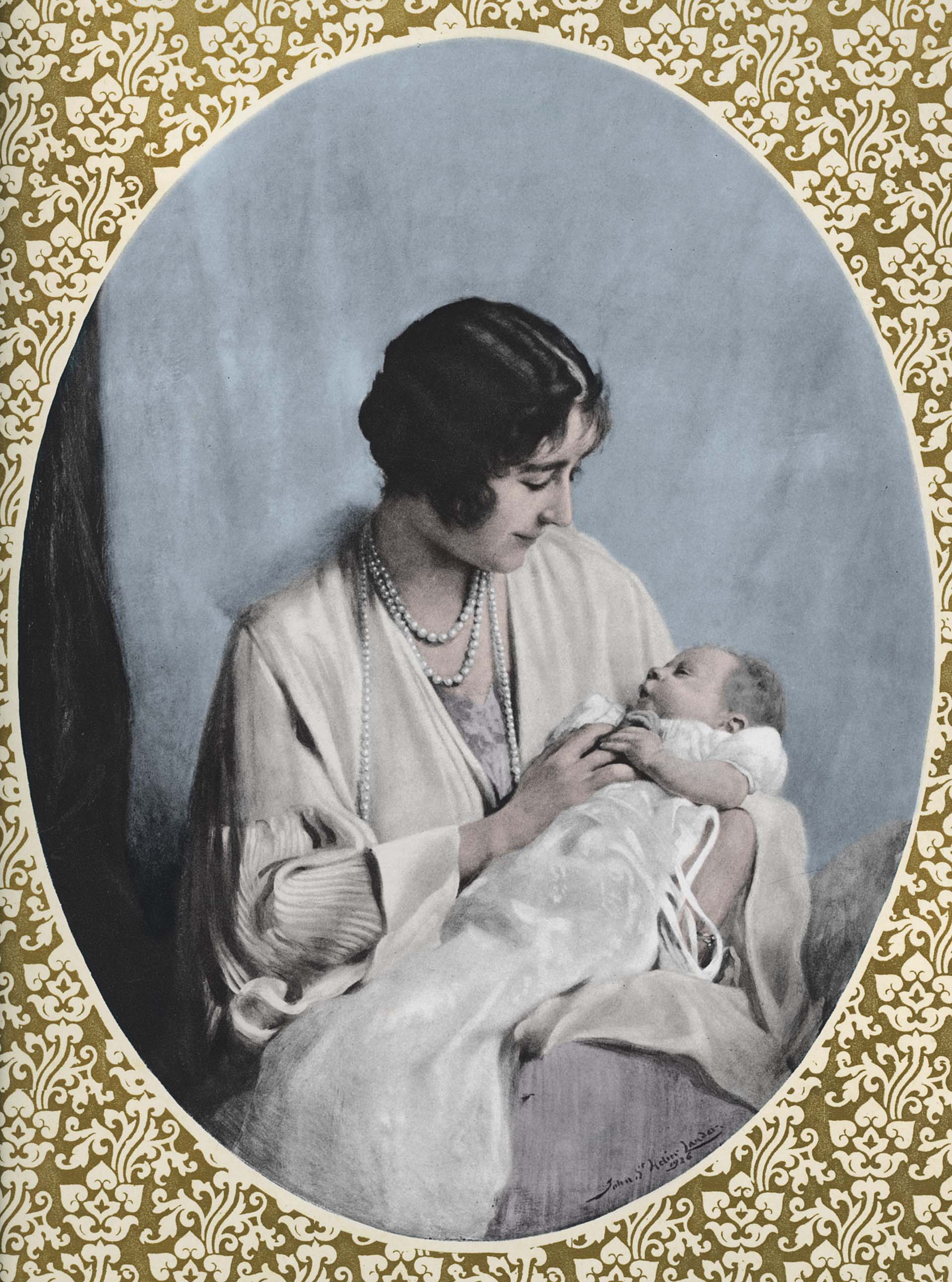 Portrait of Elizabeth II (1926-) as a baby held by her mother, Elizabeth (1900-2002). After the painting by John Helier Lander. (Photo by Culture Club/Getty Images)