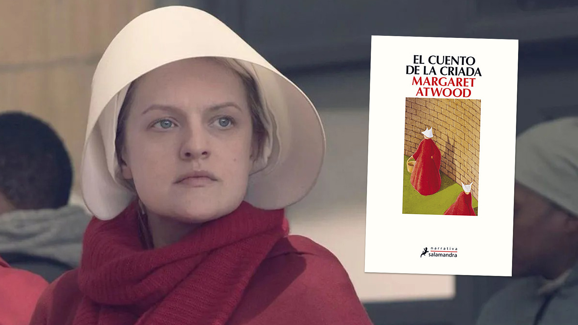 In the series.  Elisabeth Moss as Offred in the television version of "The Handmaid's Tale"