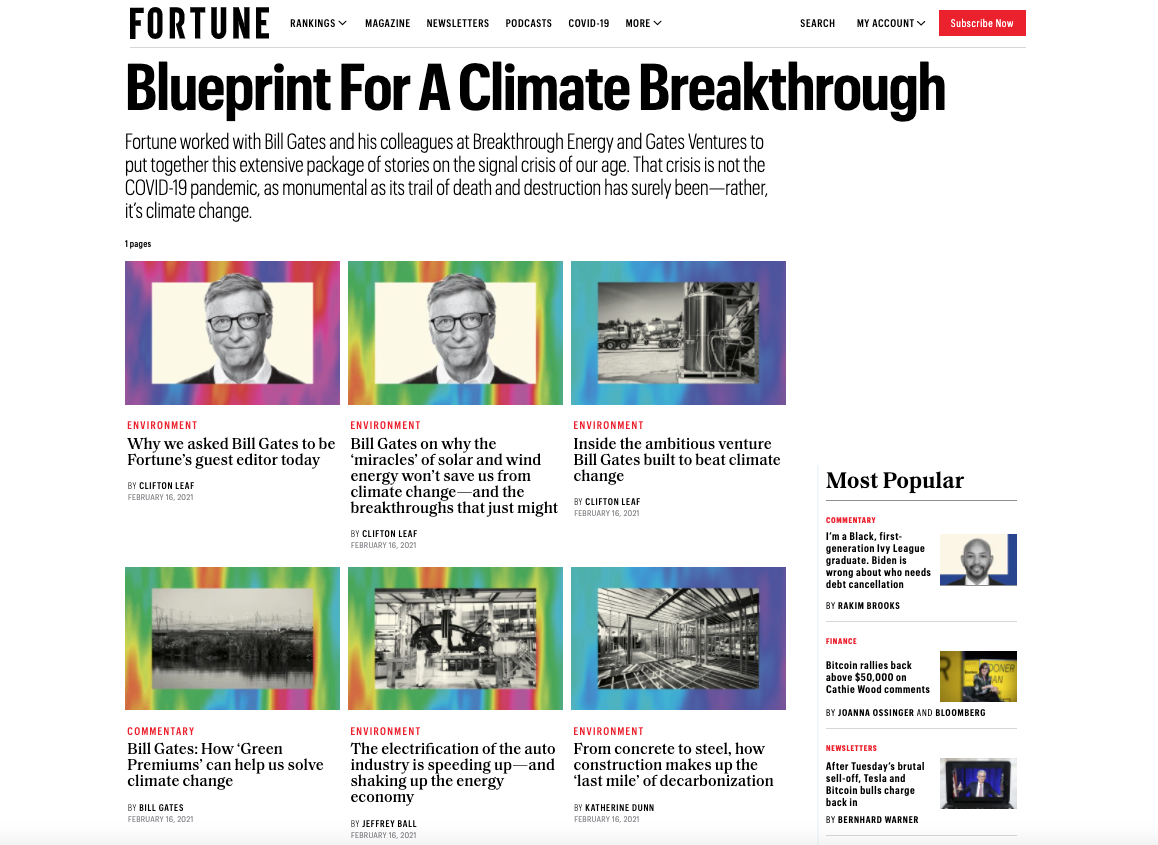 La edición especial de Fortune realizada por Bill Gates aborda distintos temas, desde el regreso de Estados Unidos al Acuerdo Climático de París hasta la electrificación de la industria automotriz o el liderazgo futuro del activismo por el planeta.