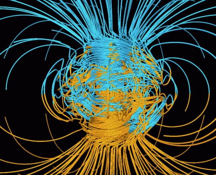 Simulazione al computer del campo magnetico terrestre, generato dal trasferimento di calore nel nucleo terrestre (NASA/Gary Glatzmeyer)