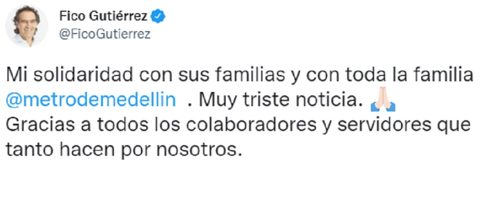 Mensaje de Federico Gutiérrez en Twitter