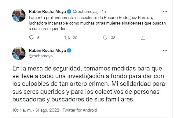 El gobernador de Sinaloa, Rubén Rocha, calificó el asesinato de Rosario como un "artero crimen" (Foto: Twitter@rochamoya_)