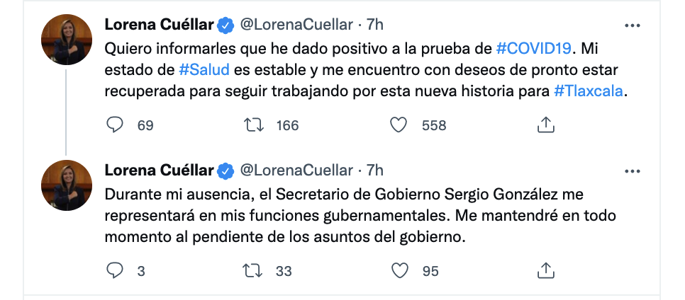 El Secretario de Gobierno estatal suplirá a Cuellar durante su ausencia. (Foto: Captura de pantalla / Twitter @LorenaCuellar)