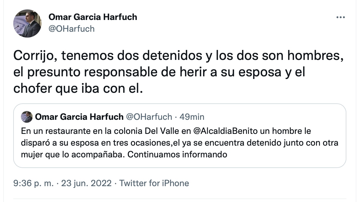 Omar García Harfuch, Secretario de Seguridad Ciudadana de la CDMX, informó sobre el atentado en contra de una mujer en un restaurante de la CDMX (Foto: Twitter/@OHarfuch)
