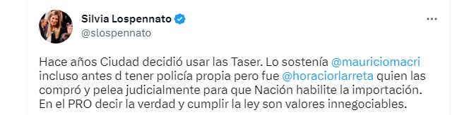 El comentario de la diputada Silvia Lospennato sobre la polémica que se desató en el PRO por el uso de las pistolas Taser