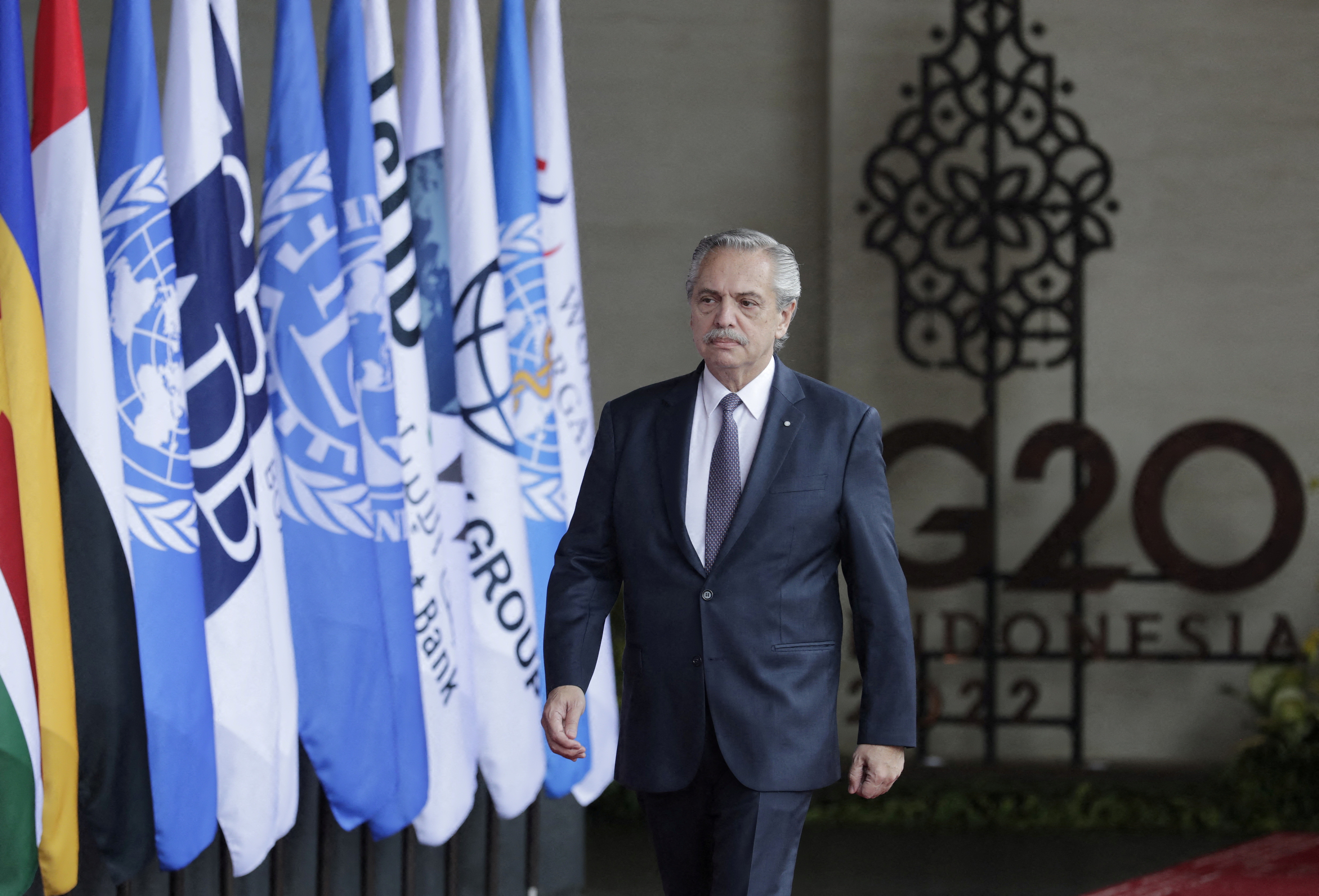 Argentina's President Alberto Fernandez arrive for the G20 Leaders' Summit in Bali, Indonesia, 15 November 2022. The 17th Group of Twenty (G20) Heads of State and Government Summit runs from 15 to 16 November 2022.  Mast Irham/Pool via REUTERS
