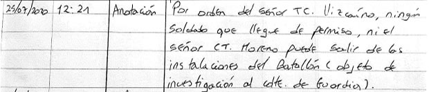 Orden de restricción de salida del batallón al capitán Ronal Moreno suministrada por la familia a la revista Semana.