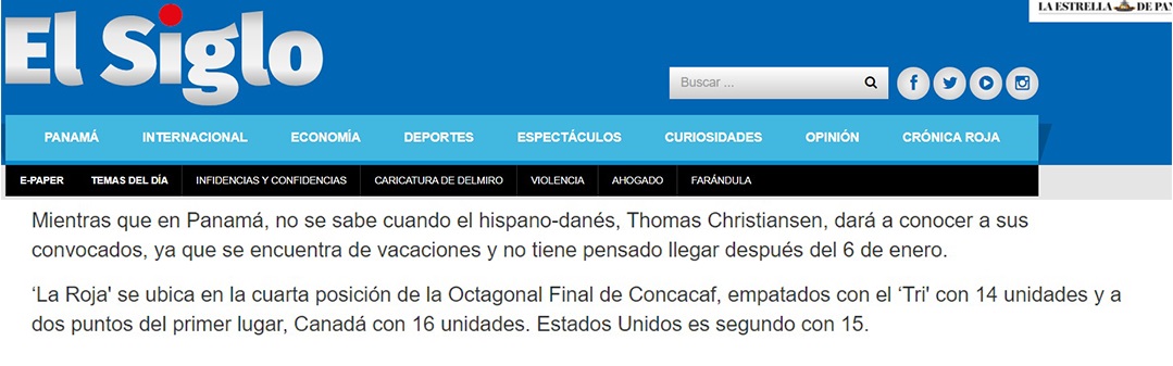 Publicación del diario 'El Siglo' de Panamá por ausencia de convocados para partido con Perú.