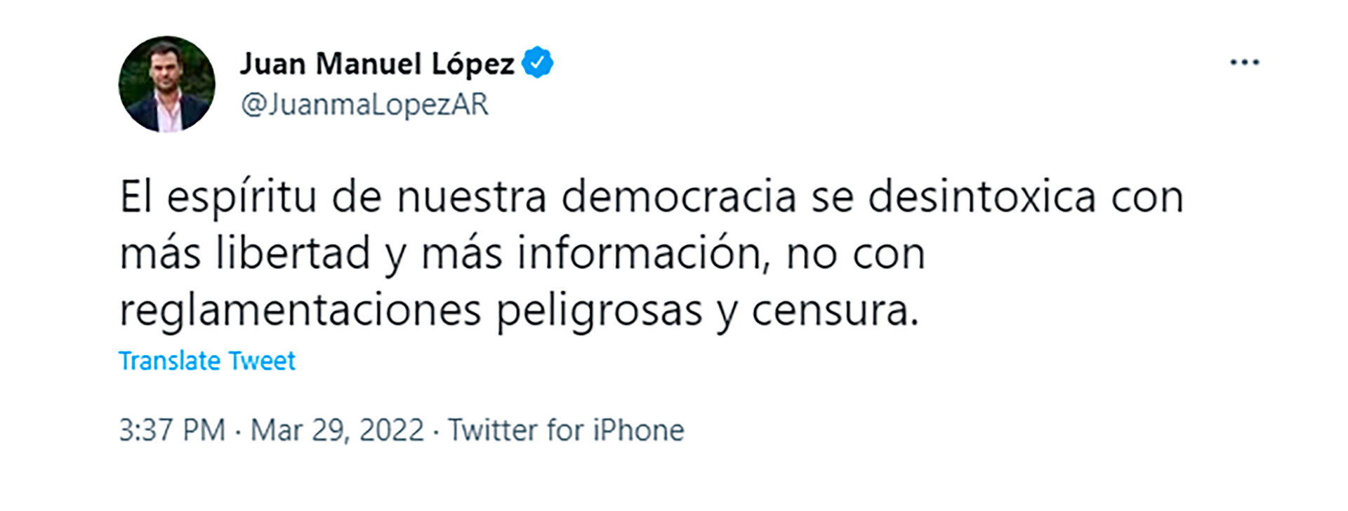 Juan Manuel López, de la Coalición Cívica, también se expresó en contra de regular las redes sociales