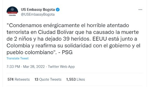 De esta manera la Embajada de EE.UU. de Colombia lo publicó en Twitter. Foto: Twitter @USEmbassyBogota