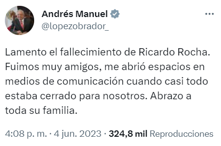 El presidente mexicano agradeció el apoyo de quien fue su amigo (Twitter/@lopezobrador_)