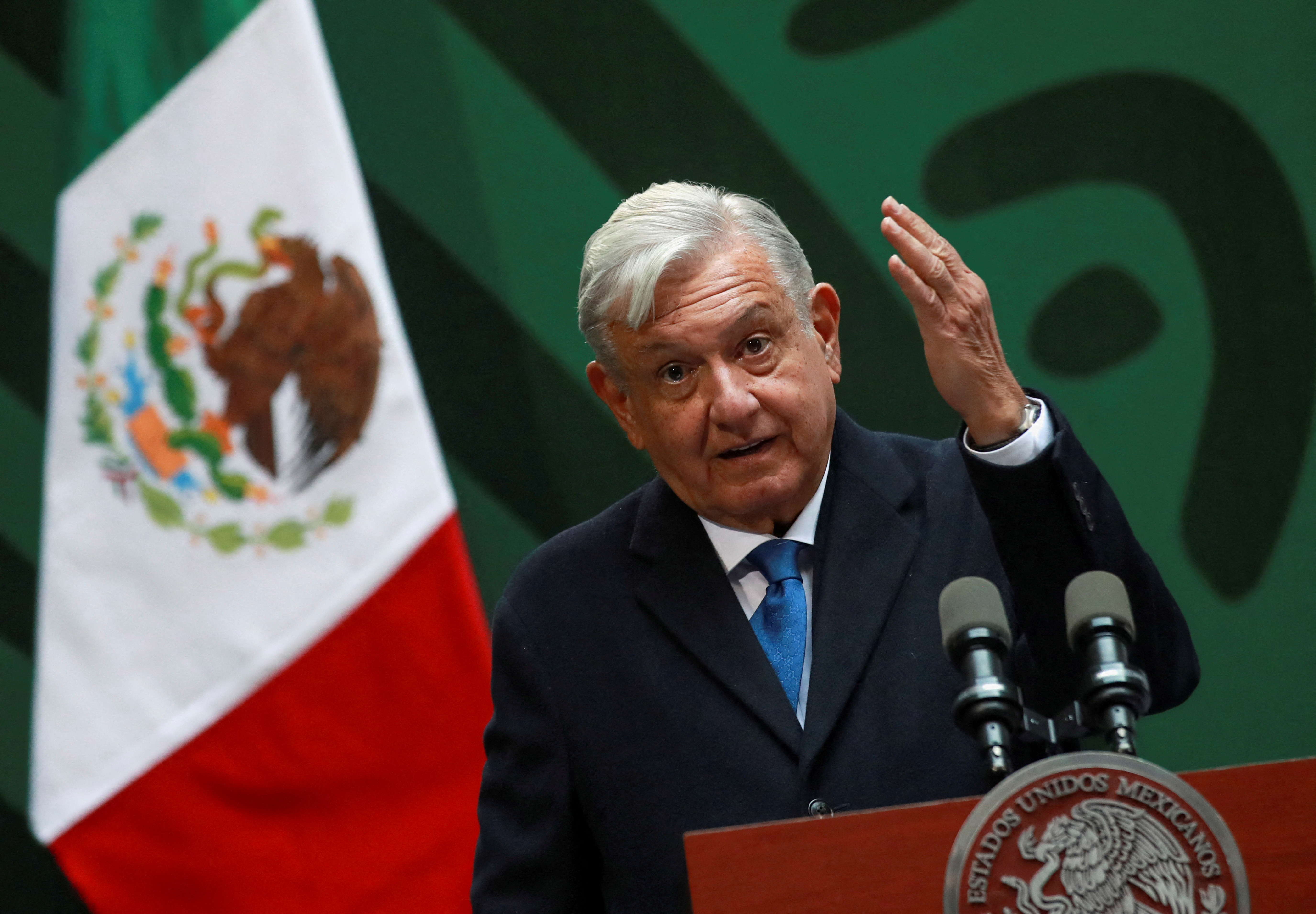 FILE PHOTO: Mexico's President Andres Manuel Lopez Obrador speaks during a news conference at the Old City Hall (Antiguo Palacio del Ayuntamiento), in Mexico City, Mexico January 20, 2023. REUTERS/Henry Romero/File Photo