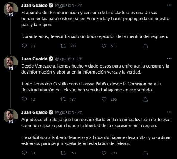 Tweets de Guaidó sobre Telesur
