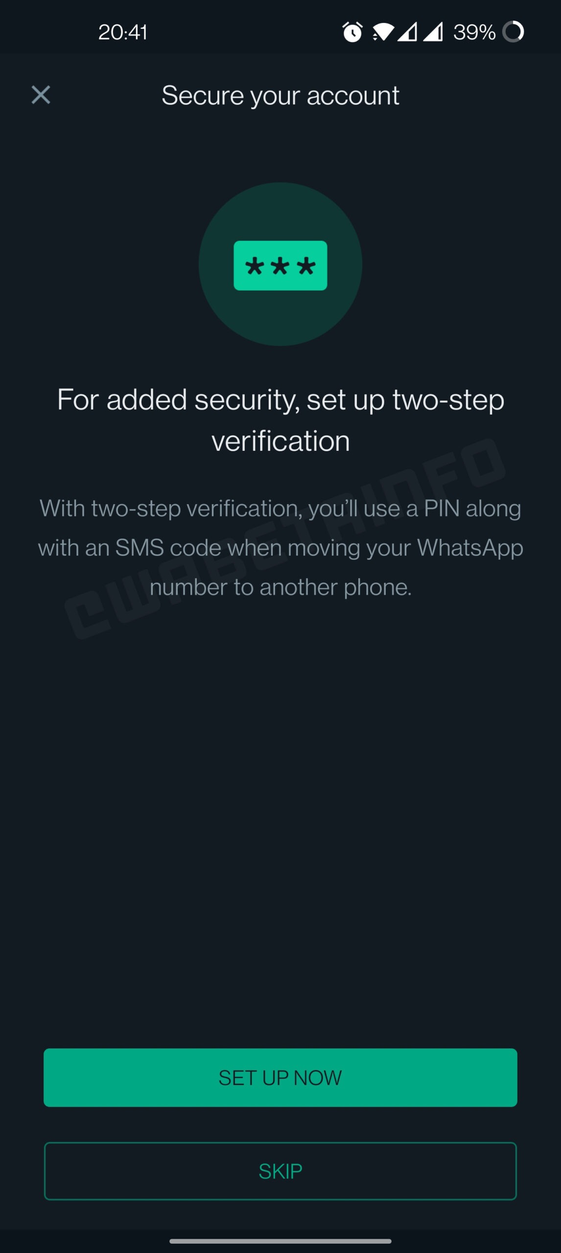 Notificación para la habilitación de la verificación en dos pasos en WhatsApp (WABetaInfo)