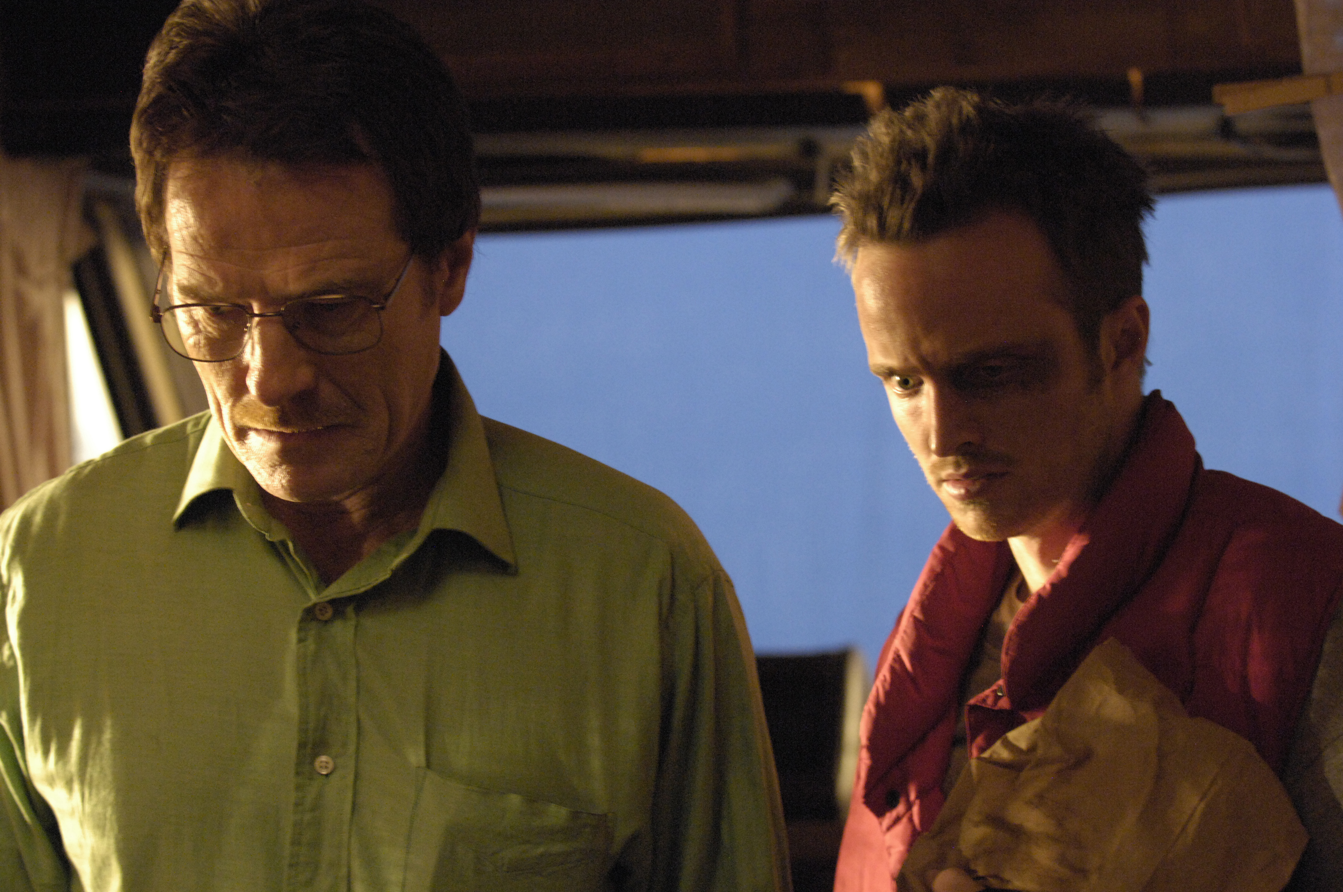 Leading: Bryan Cranston as Walter White and Aaron Paul as Jesse Pinkman.  Bryan Cranston stars as Walter White, a high school chemistry teacher who is forced into the world of drug dealing after discovering that he has terminal cancer.  .  Photo: Lewis Jacobs/Still
