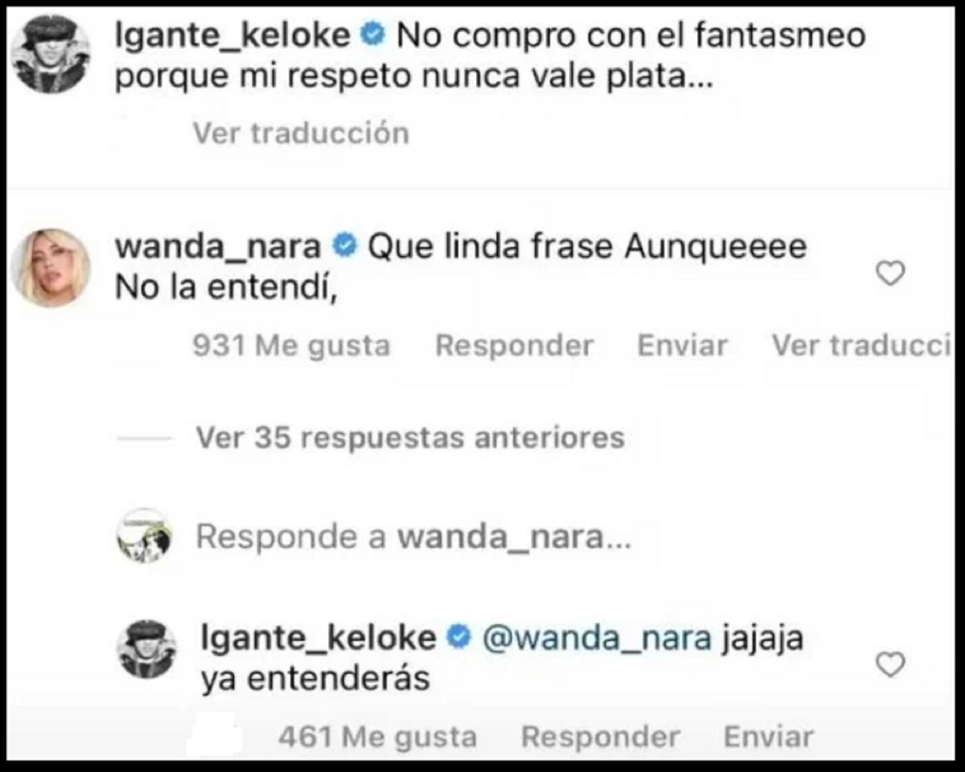 El intercambio entre L-Gante y Wanda Nara antes de su supuesta reconciliación con Mauro Icardi (Foto: Instagram)