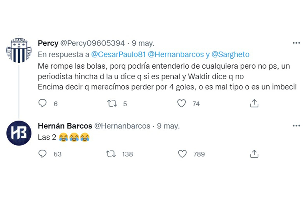 Controversial response from Hernán Barcos about Waldir Sáenz on Twitter.