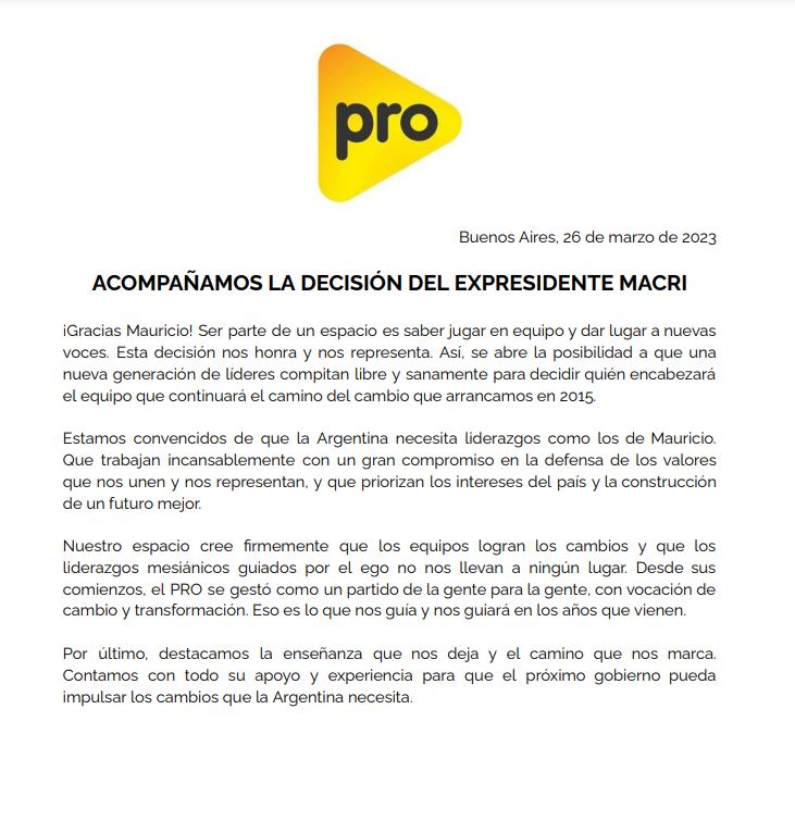 Desde el PRO emitieron un comunicado luego de la decisión de Mauricio Macri a no ser candidato en las próximas elecciones