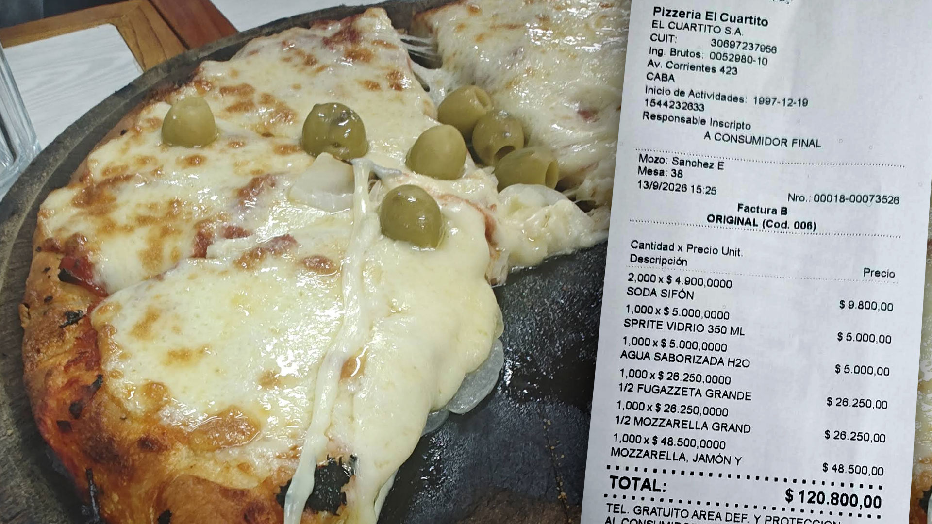 Pidió dos pizzas y bebidas en una reconocida pizzería porteña: el ticket con lo que gastó se viralizó