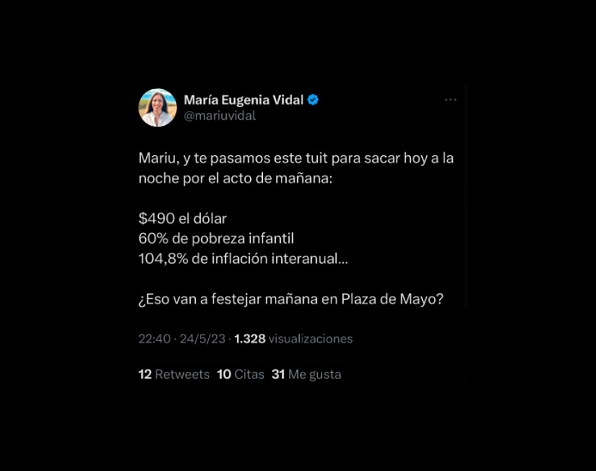 La publicación de María Eugenia Vidal que fue criticada en Twitter