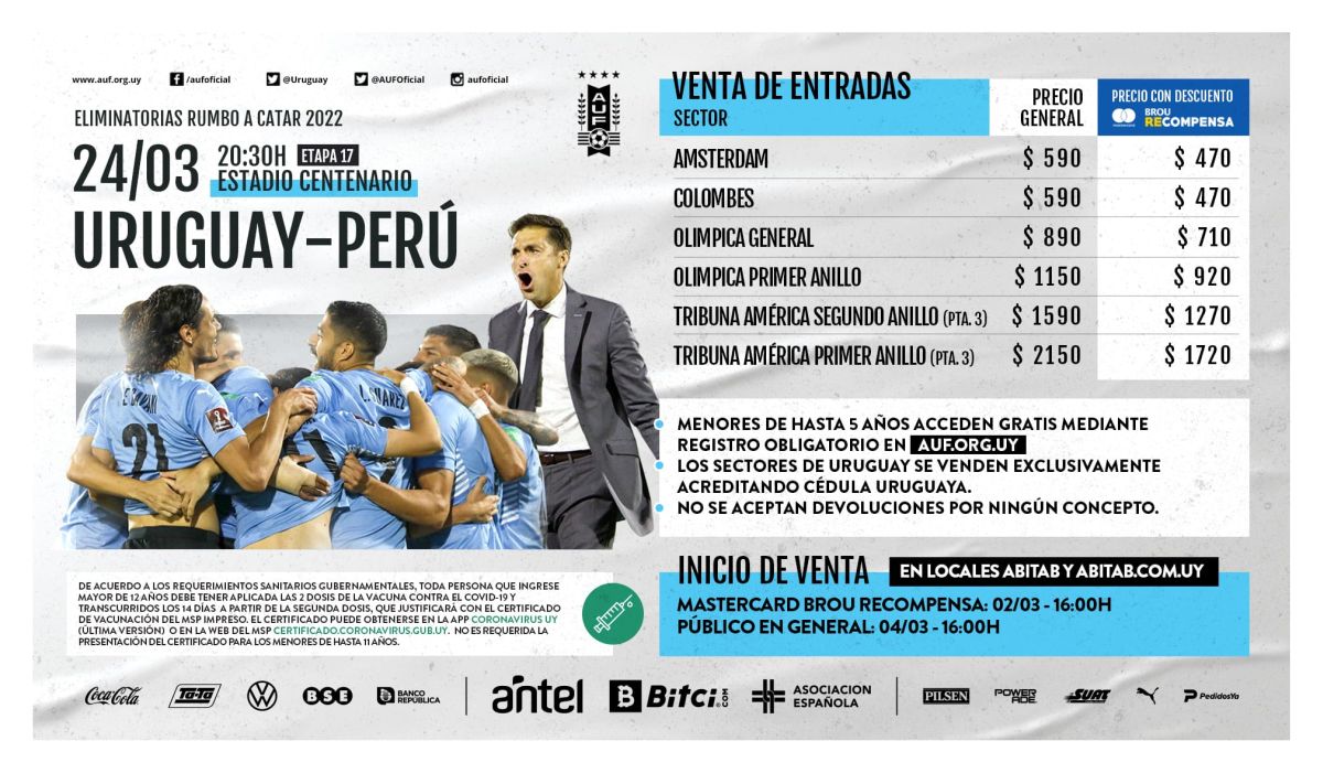 Perú vs Uruguay: Precio de las entradas para el partido por las Eliminatorias Qatar 2022 (Foto: AUF)