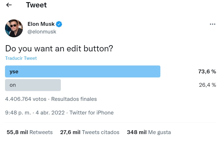 Elon Musk lanzó una consulta para saber si los usuarios querrían tener un botón de edición de tweets