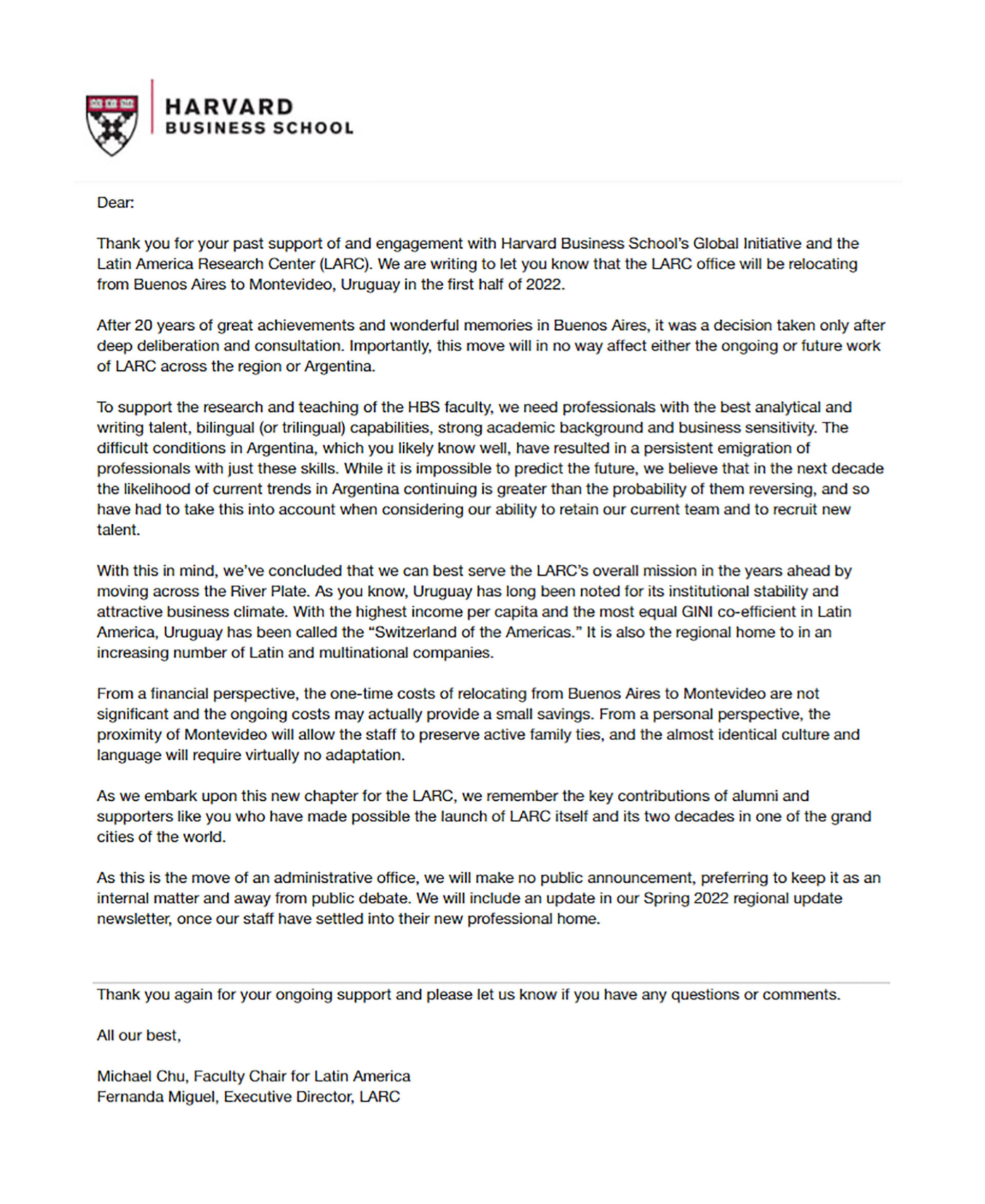 La carta del centro de investigación de la Escuela de Negocios de Harvard
