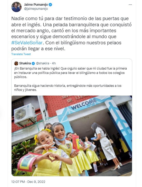 El alcalde de Barranquilla ponderó el mensaje de Shakira y la puso de ejemplo.